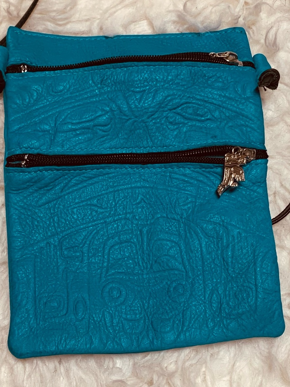 Turquoise Embossed Crossbody Bag with Dual Zippers